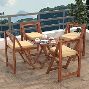 bm wood furniture solid sheesham wood patio folding dining set for garden amp outdoor  foldable 4 seater dinning set for balcony  round table natural finish 