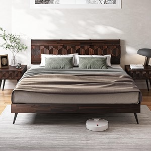 bme georgina king bedframe with geometric headboard mid century walnut