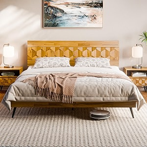bme georgina king bed frame and headboard handcrafted geometric pattern solid wood platform bed frame no box spring needed 12 strong wood slats support easy assembly