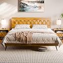 Bme Georgina King Bed Frame and Headboard, Handcrafted Geometric Pattern Solid Wood Platform Bed Frame, No Box Spring Needed, 12 Strong Wood Slats Support, Easy Assembly