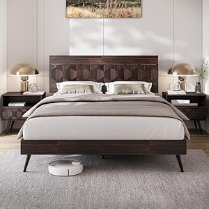 bme georgina queen bed frame and headboard handcrafted geometric pattern solid wood platform bed frame no box spring needed 12 strong wood slats support easy assembly