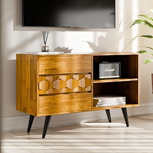 bme teak brown georgina solid wood television stands-10 minutes assembly entertainment center with storage-geometric pattern media console for living dining room tv cabinet for 4534 tv