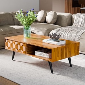 bme georgina solid wood coffee table 2 drawers amp open shelves teak brown
