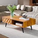 Bme Georgina Solid Wood Coffee Table, 2 Drawers &amp; Open Shelves, Teak Brown