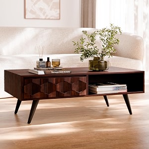 bme georgina solid wood coffee table 2 drawers amp open shelves walnut