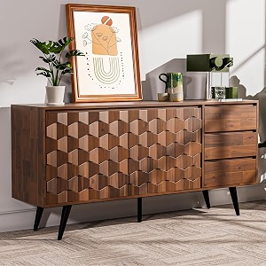 bme walnut georgina solid wood sideboard with 2 doors amp 3 drawers 613939 mid century modern cabinet with geometric pattern for kitchen dining living room