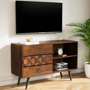 bme walnut georgina solid wood television stands-10 minutes assembly entertainment center with storage-geometric pattern media console for living dining room tv cabinet for 4534 tv