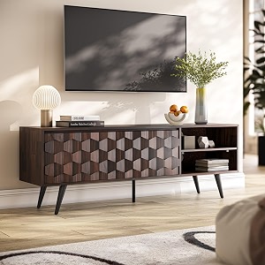 bme walnut georgina solid wood television stands-10 minutes assembly entertainment center with storage-geometric pattern media console for living dining room tv cabinet for 6534 tv