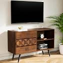 Bme Walnut Georgina Solid Wood Television Stands-10 Minutes Assembly Entertainment Center with Storage-Geometric Pattern Media Console for Living, Dining Room, TV Cabinet for 45" TV