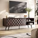 Bme Walnut Georgina Solid Wood Television Stands-10 Minutes Assembly Entertainment Center with Storage-Geometric Pattern Media Console for Living, Dining Room, TV Cabinet for 65" TV