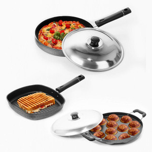 bms lifestyle 12 cavity appamgrill pan and fry pan non-stick coated cookware set ptfe non-stick 3 - piece