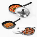 BMS Lifestyle 12 Cavity Appam,Grill Pan And Fry Pan Non-Stick Coated Cookware Set (PTFE (Non-stick), 3 - Piece)