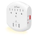 BN-LINK 3-Outlet Extender, Multi Plug Outlets with 3 USB Ports (3.4A Total), Dusk-to-Dawn Sensor Night Light, Surge Protector with Top Phone Holder, for Traveling, Home, School, Office