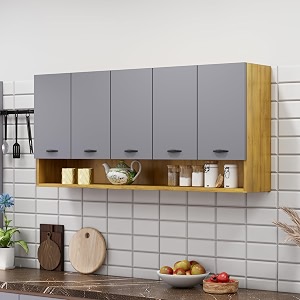 bniture engineered wood wall-mount kitchen cabinet  modular kitchen storage cabinet with shelves amp 5 doors  space-saving wall cabinet for kitchen giant wood amp grey