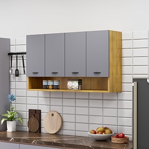 bniture engineered wood wall-mount kitchen cabinet  modular kitchen storage cabinet with shelves amp 4 doors  space-saving wall cabinet for kitchen giant wood amp grey