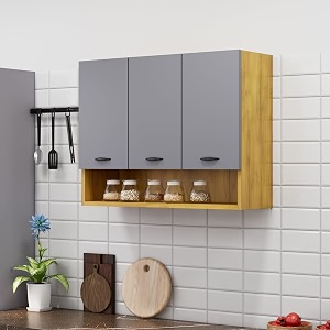 bniture engineered wood wall-mount kitchen cabinet  modular kitchen storage cabinet with shelves amp 3 doors  space-saving wall cabinet for kitchen giant wood amp grey