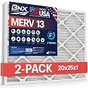 BNX TruFilter 20x25x1 MERV 13 (2-Pack) AC Furnace Air Filter - MADE IN USA - Electrostatic Pleated Air Conditioner HVAC AC Furnace Filters - Removes Pollen, Mold, Bacteria, Smoke