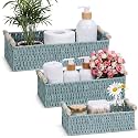 Boao 3 Pcs Boho Storage Wicker Baskets Handmade Woven Decorative Paper Rope Baskets for Organizing with Handle Countertop Toilet Paper Storage Container for Toilet Tank Top(Grey Blue,Rectangle)