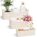 Boao 3 Pcs Boho Storage Wicker Baskets Handmade Woven Decorative Paper Rope Baskets for Organizing with Handle Countertop Toilet Paper Storage Container for Toilet Tank Top (Beige,Rectangle)