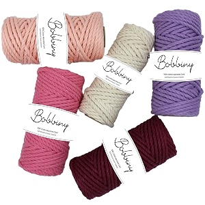 bobbiny 3ply twisted macrame cotton cord dori each color 4mm 50 meter thread for macrame diy and other projects_purple bubble gum maroon peach off white 5 count
