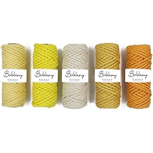 bobbiny 3ply twisted macrame cotton cord dorieach color 4mm 20 meterthread for macrame diy and other projects_light yellow lemon yellow mustard yellow mango yellow off white 5 roll