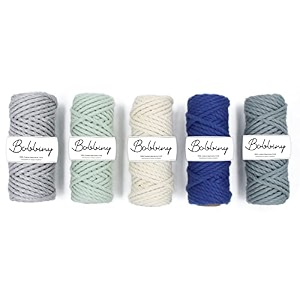 bobbiny 3ply twisted macrame cotton cord dorieach color 4mm 50 meterthread for macrame diy amp other projects_off white blue grey loreal green melange 5 roll