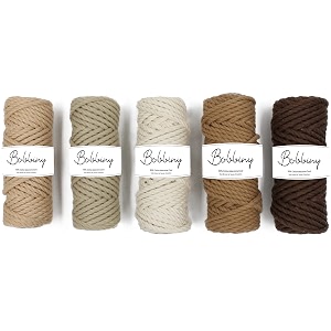 bobbiny 3ply twisted macrame cotton cord dori each color 3mm 10 meter thread for macrame diy and other projects_light brown chiku dark brown chocolate off white