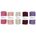 Bobbiny 3Ply Twisted Macrame Cotton Cord Dori (Each Color 4mm 10 Meter) Thread for Macrame DIY and Other Projects_Purple Bubble Gum Maroon Peach Off White.