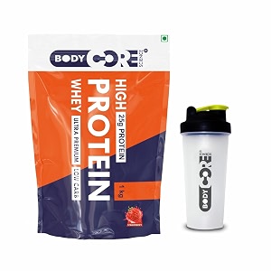 body core science high whey protein ultra premium 1kg strawberry free shaker  whey proteins  high whey protein