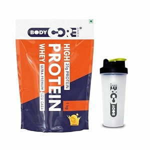 body core science high whey protein ultra premium -1kg pack of 1 mango with shaker  whey protein  protein powder  25g protein per serving  bcs supplement
