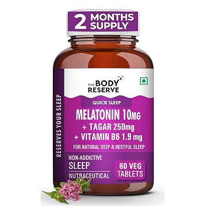 the body reserve melatonin 10mg with tagar 250mg - 60 veg tablets for natural sleep aid muscle recovery nerve relaxation and stress relief - non-habit forming sleep aid for men amp women