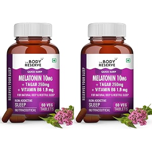 the body reserve melatonin 10mg with tagar 250mg - 60 veg tablets for natural sleep aid muscle recovery nerve relaxation and stress relief - non-habit forming sleep aid for men amp women pack of 2