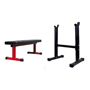 bodyfit fitness flat weight bench press with biceps stand - 260 kg capacity utility exercise bench set home gym red flat  stand
