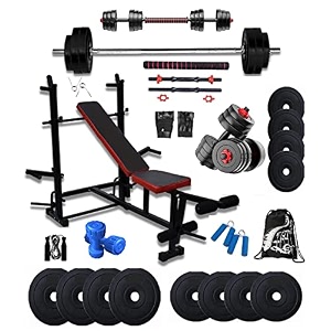 bodyfit fitness gym equipment set for home with 8in1 gym bench press  5ft rod 1 extension rod dumble rods weight plates workout gym dumbbell set 1kg pvc dumble 16kg weight plates