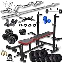 Bodyfit Fitness Home Gym Combo New 8in1 Bench (16 kg to 100 kg) with Weight Plates 3 feet curl Rod, 5 feet Straight Rod, 2 Dumbbell rods Home Gym Set & Exercise Set Fitness kit (56Kg Plates)
