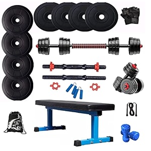 bodyfit home gym set 16kg -100kg weight plate 1 convertor barbell rod 2 star dumbbell rods blue pipe flat heavy bench for home workouts 50kg weight plates