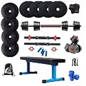 Bodyfit Home Gym Set (16kg -100kg) Weight Plate +1 Convertor Barbell Rod, 2 Star Dumbbell Rods+ Blue Pipe Flat Heavy Bench for Home Workouts (20Kg Weight Plates)