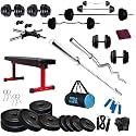 BODYFIT Home Gym Set Combo Kit, Equipment, (20Kg-100Kg) Weight Plates, 3Ft Curl, 5Ft Plain Rod, Flat Red Pipe Bench,2 Pcs Dumbbell Rods,Fitness Exercise Set. (100 Kg Gym Set)