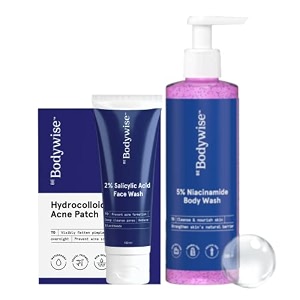 be bodywise 5 niacinamide body wash 2 salicylic acid face wash amp pimple patch 24 dots  3 sizes  with aloe vera extract  deep cleanses nourishes amp hydrates skin  350ml