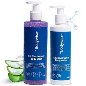 be bodywise niacinamide power kit  5 niacinamide body wash 250ml amp 10 niacinamide face amp body lotion 200ml  deep cleanses amp exfoliates skin  for glowing radiant amp even-toned skin