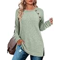 Bofell Long Sleeve Shirts for Women Lightweight Button Decor Tunic Tops Side Split