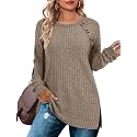 Bofell Long Sleeve Shirts for Women Lightweight Button Decor Tunic Tops Side Split