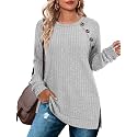 Bofell Long Sleeve Shirts for Women Lightweight Button Decor Tunic Tops Side Split