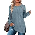 Bofell Long Sleeve Shirts for Women Lightweight Button Decor Tunic Tops Side Split