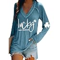 BOFETA Women St Patricks Day Sweatshirts Loose Long Sleeve Shirts Green Shamrock Print Blouse Flowy Color Block Pullover Tops
