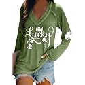 BOFETA Women St Patricks Day Sweatshirts Loose Long Sleeve Shirts Green Shamrock Print Blouse Flowy Color Block Pullover Tops