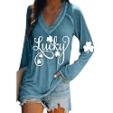 BOFETA Women St Patricks Day Sweatshirts Loose Long Sleeve Shirts Green Shamrock Print Blouse Flowy Color Block Pullover Tops