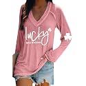 BOFETA Women St Patricks Day Sweatshirts Loose Long Sleeve Shirts Green Shamrock Print Blouse Flowy Color Block Pullover Tops