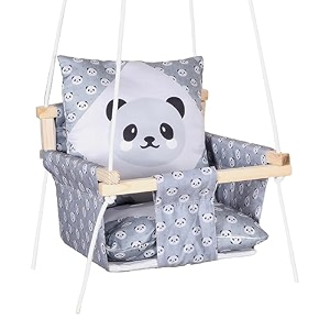 baby swing hanging indoor outdoor wooden swing baby garden swing jhula with 2 pillow grey panda