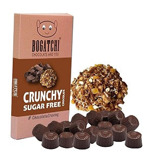 bogatchi sugar free crunchy dark chocolate with crunchy filling  15 bite size pieces  no sugar added  net weight 90 g